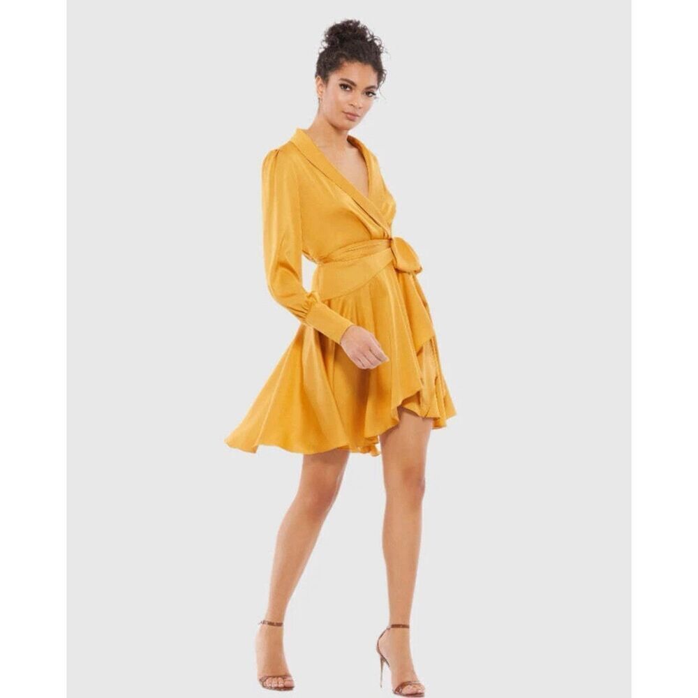 Mac Duggal 70135 Asymmetric Mini Wrap‎ Dress Sz 6 Mango NWTs $398 Wedding Guest